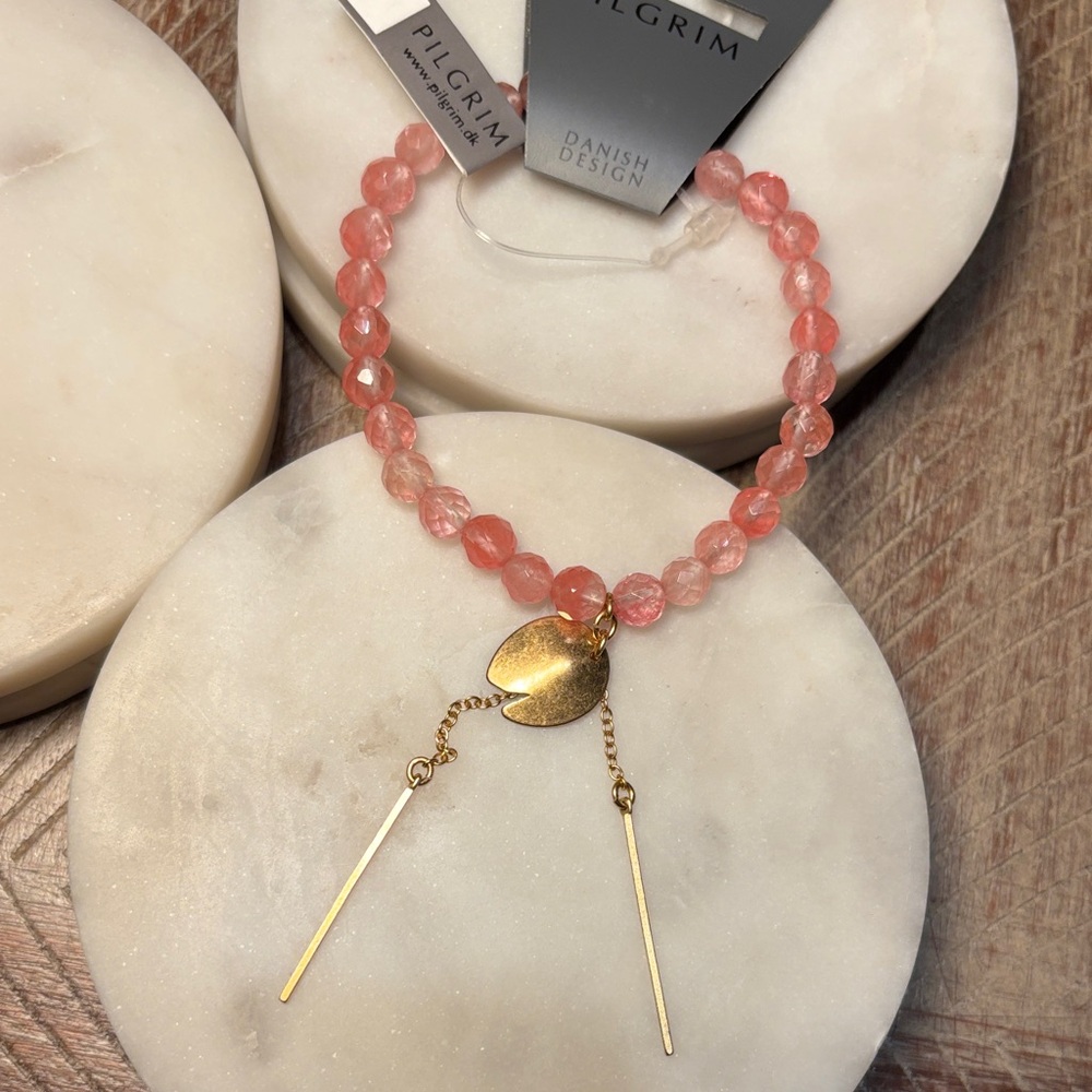 (#63) Pilgrim Coral Beaded Bracelet with Gold Charms